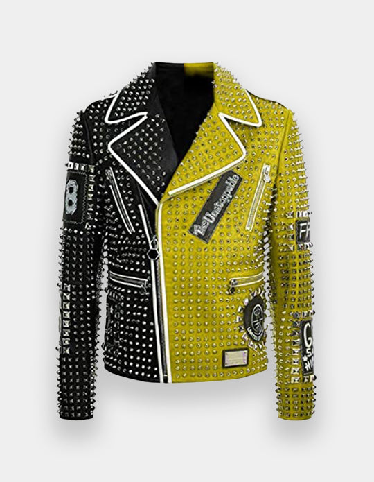 Men's Multi Color Full Studded Embroidery Patches Leather Jacket, Biker-Jacke mit Nieten